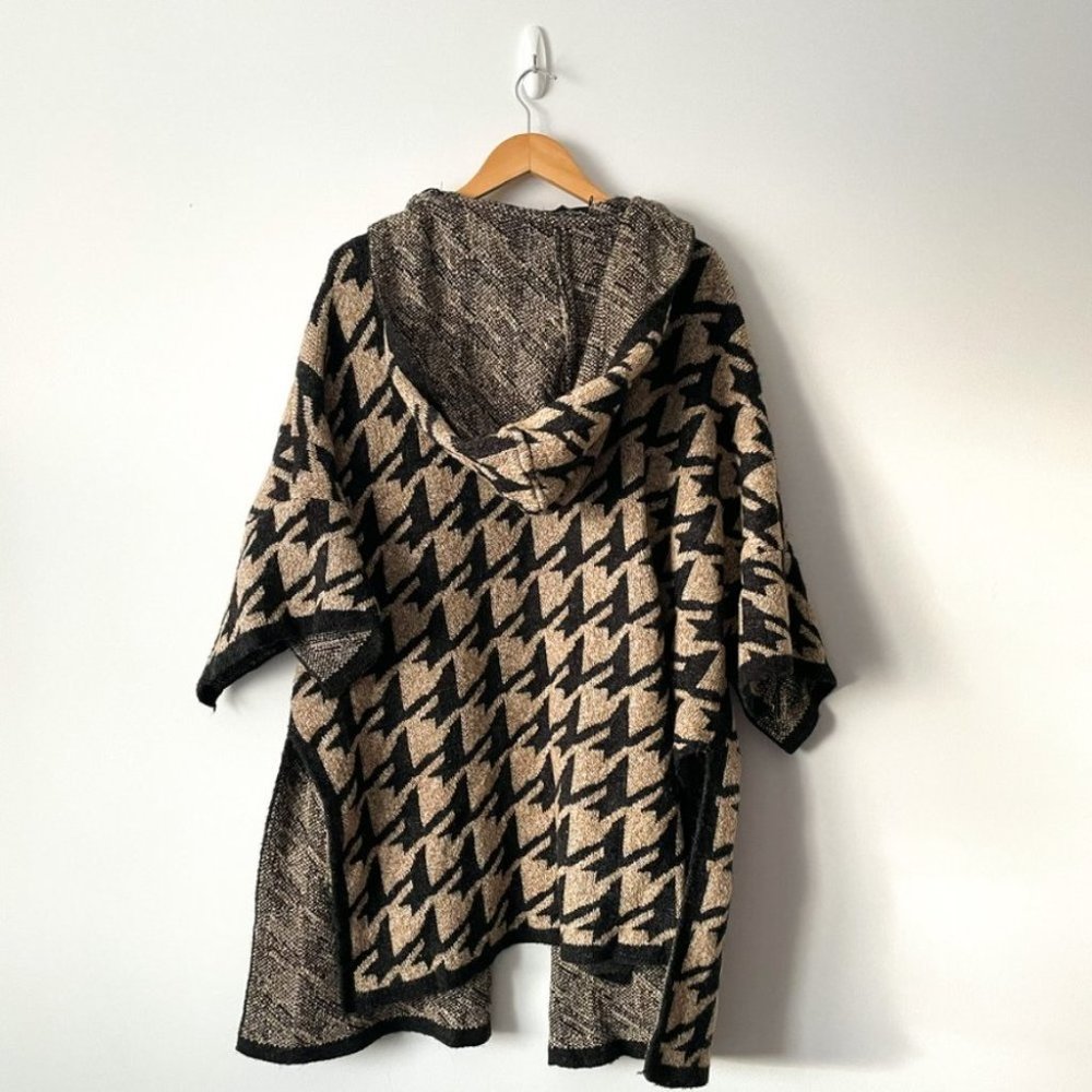 Zara Knit Houndstooth Chunky Cape Poncho Cardigan Brown Black Sz M - Picture 4 of 6